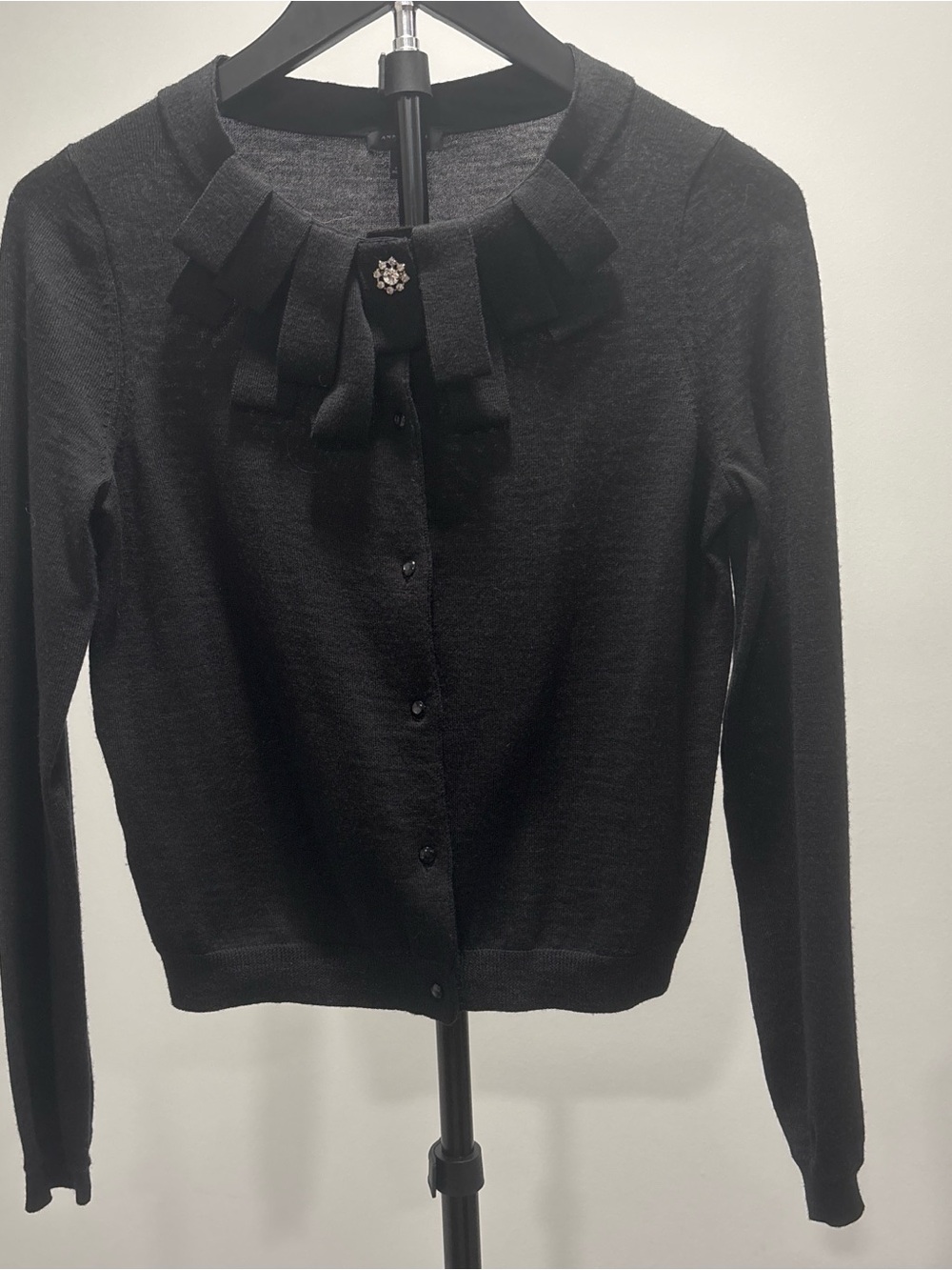 Ann Taylor Black Cardigan with Crystal Brooch Detail